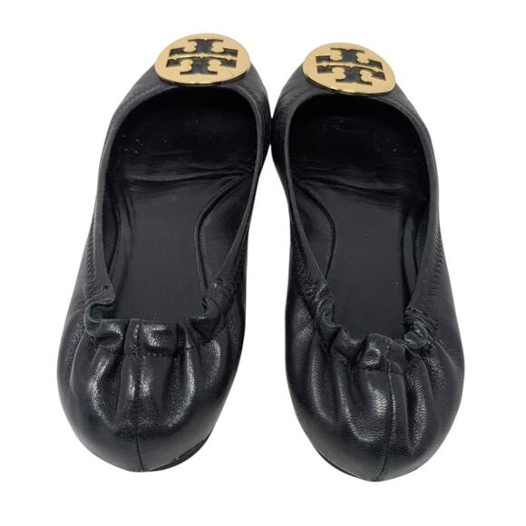 Tory Burch Minnie Black Leather Ballet Flats Gold Logo Size 8.5 - Picture 4 of 6